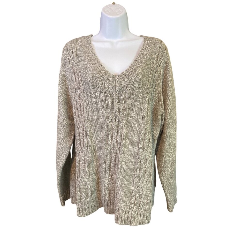 St. Johns Bay VNeck Sweater 1X Gray Cable Knit Soft Cozy Classic Pullover Preppy